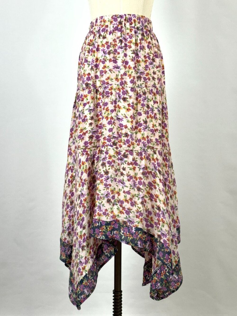 Nanette Lepore Floral Tiered Midi Skirt Handkerchief Hem Elastic Waist Fairy
